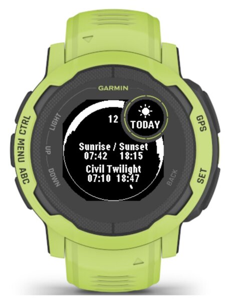 SunCalc on an Instinct 2: band widths instead of colours, sun and date in the subscreen
