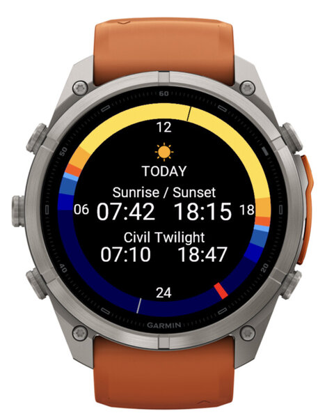 SunCalc front page: 24-hour ring on a fēnix 9 Pro
